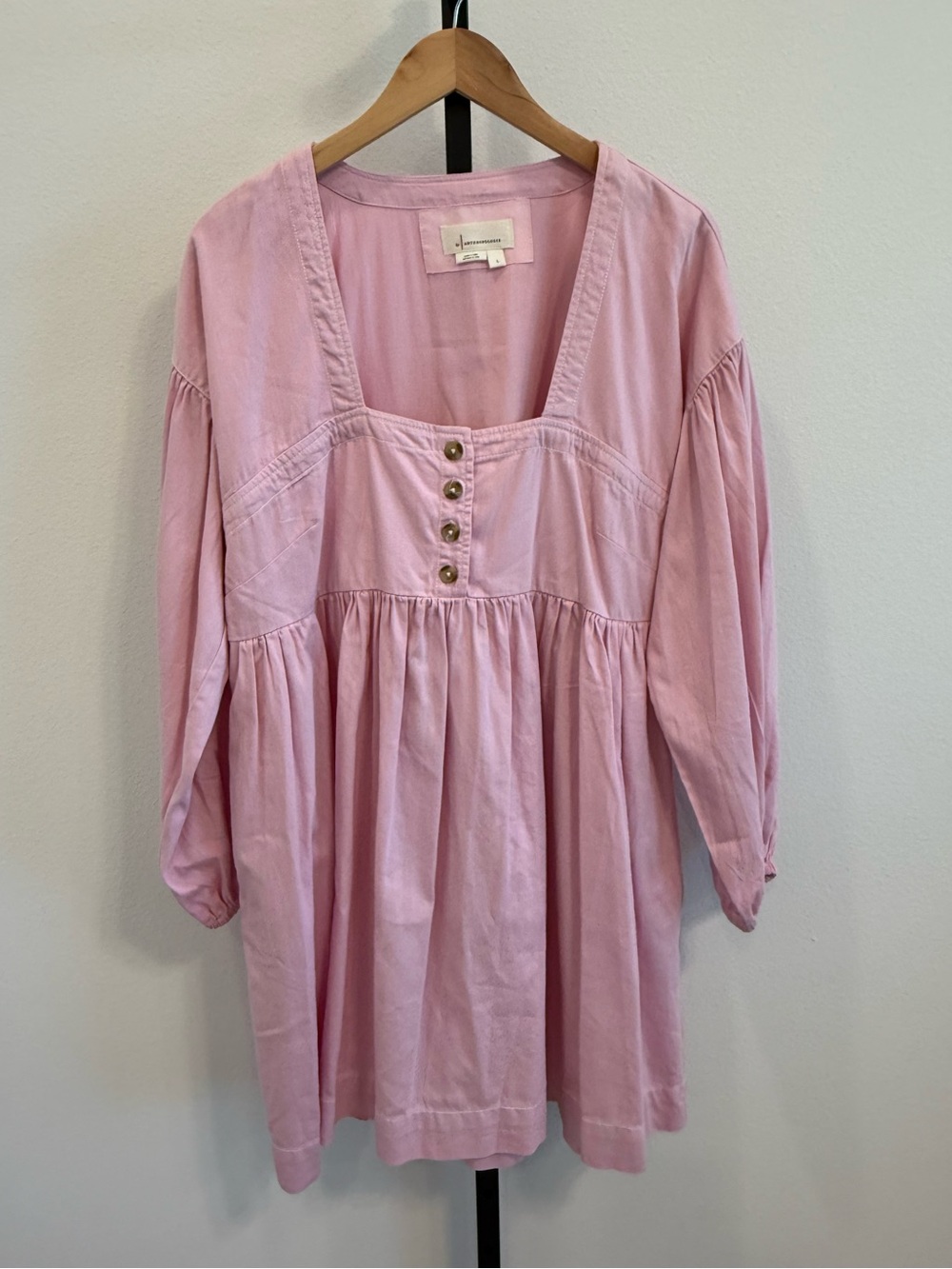 Anthropologie Pink Cotton Square Neck Long Sleeve Babydoll Mini Denim Dress Lg